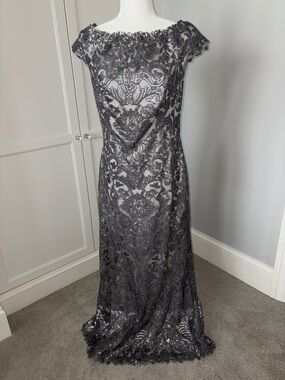 Tadashi Shoji Gunmetal Embellished Lace Maxi Gown
